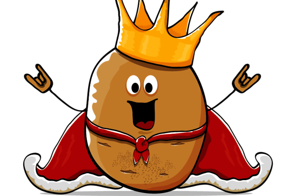 Cartoon-Ei mit Krone und Umhang, lachend, auf schwarzem Hintergrund.