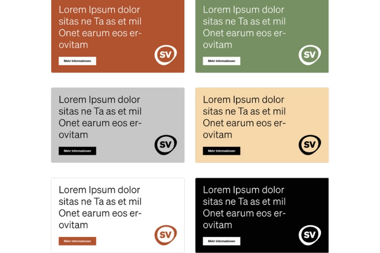 Sechs bunte Textkarten mit Platzhaltern und Button.
