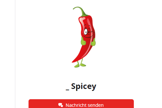 Illustration einer lachenden Chilischote mit Beschriftung und Button.",