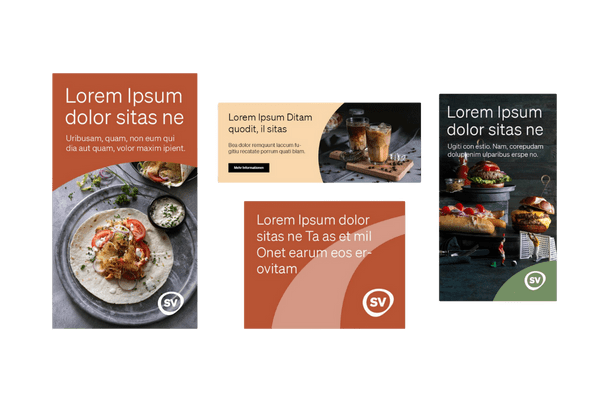 Vier Werbebanner mit Text und Essensbildern, schwarzer Hintergrund.