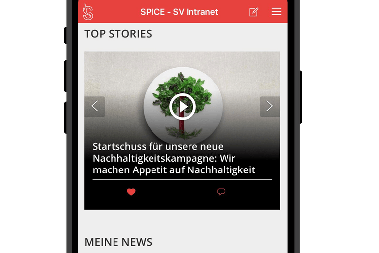 Smartphone zeigt SPICE Intranet mit Nachrichten und Top Stories.",