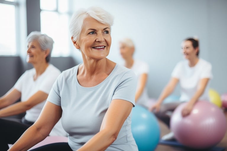 Ältere Frauen beim Gymnastikunterricht mit Fitnessbällen.",