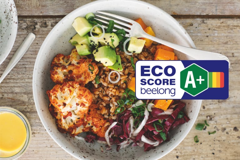 Gemüse-Schüssel mit Eco Score A+.",