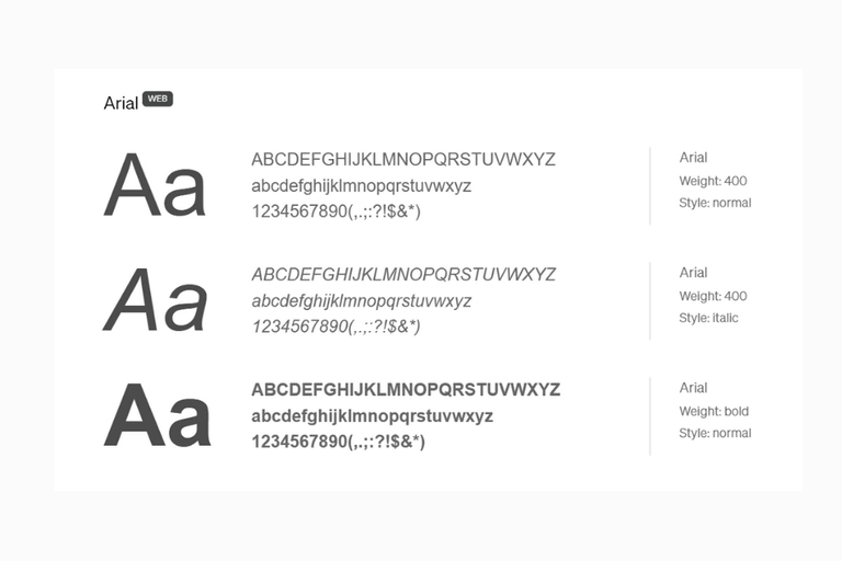 Arial-Schriftartbeispiele in normal, kursiv und fett.