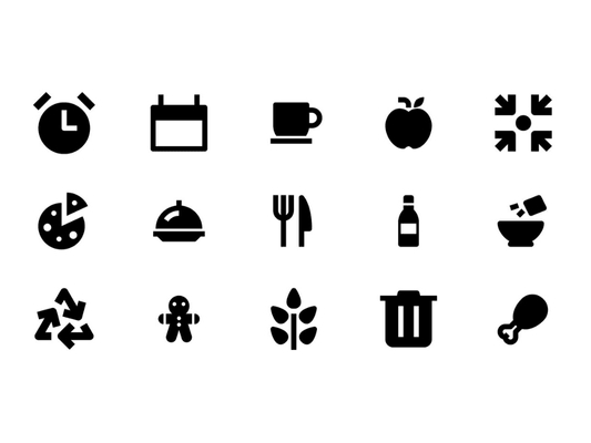 Verschiedene schwarze Symbole auf weissem Hintergrund, darunter Uhr, Tasse, Apfel, Kuchen, Geschirr, Flasche, Pfeile, Mülleimer, Huhn.