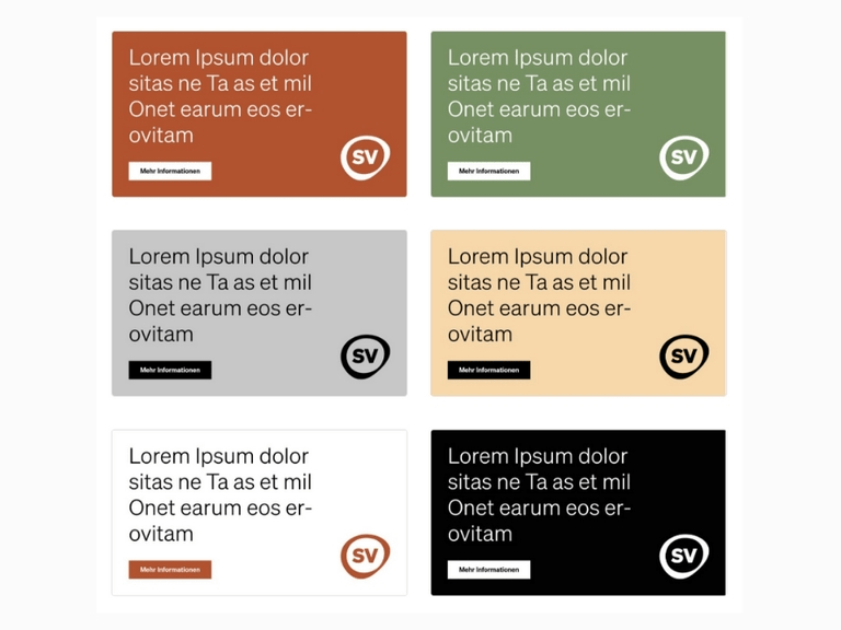 Sechs bunte Textblöcke mit Lorem Ipsum und SV-Logo.