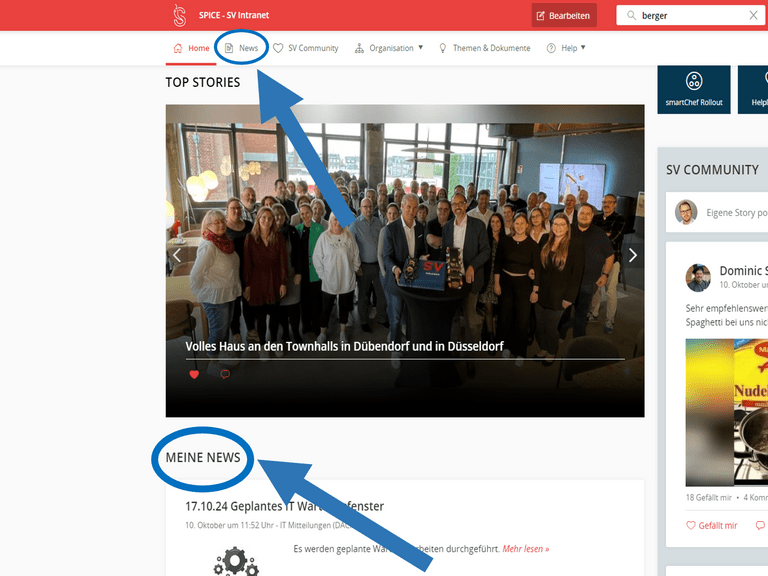 Webseite mit Teamfoto, markiert als Top Stories und Meine News.