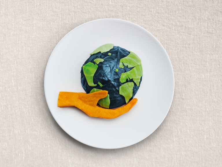 Weisse Teller mit Weltkartensalat auf sandfarbenem Hintergrund.