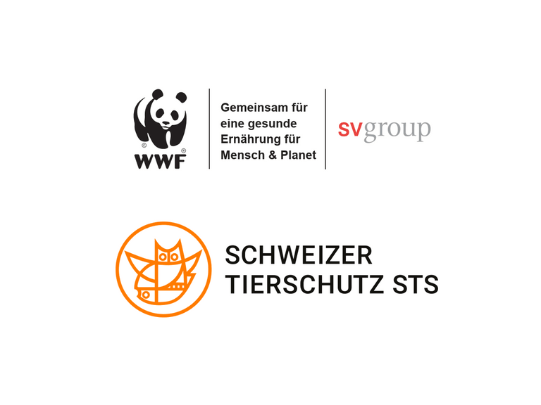 Logos von WWF, SV Group und Schweizer Tierschutz STS mit Slogans.
