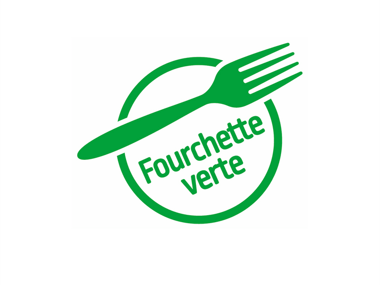 Grünes Logo mit einer Gabel und Text.