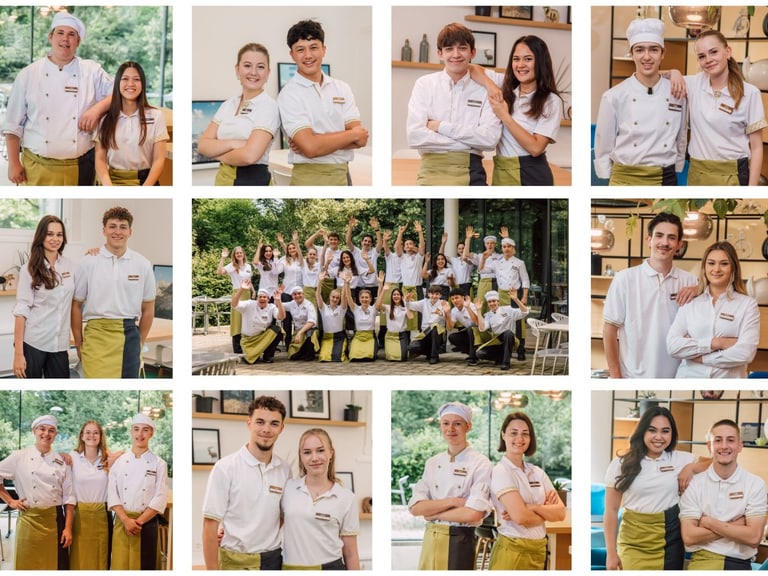 Kollage von Restaurantmitarbeitern in Uniformen, gruppiert und einzeln posierend.",