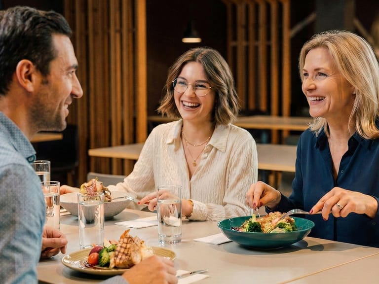 Drei Personen unterhalten sich beim Essen an einem Tisch.