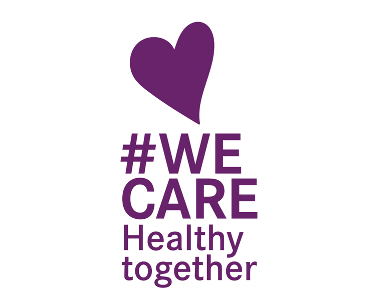 Lila Herz über Text #WE CARE Healthy together.