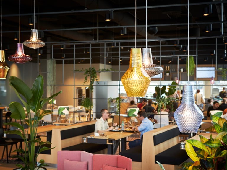 In einem gemütlichen Restaurant mit vielen Pflanzen und in warmen Farben gehaltener Einrichtung sitzen Mitarbeitende beim Mittagessen.