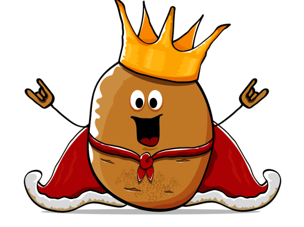 Cartoon-Ei mit Krone und Umhang, lachend, auf schwarzem Hintergrund.