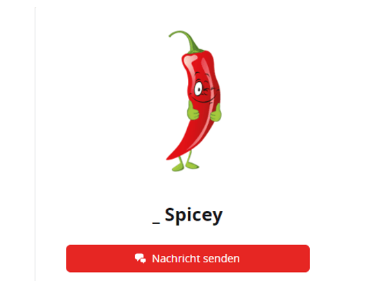 Illustration einer lachenden Chilischote mit Beschriftung und Button.",