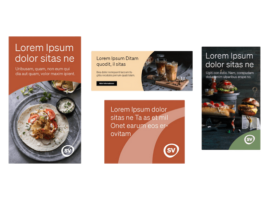 Vier Werbebanner mit Text und Essensbildern, schwarzer Hintergrund.