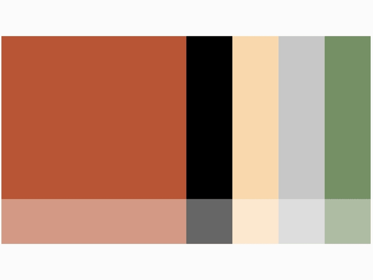 Farbpalette mit Braun, Schwarz, Beige, Grau und Grün.