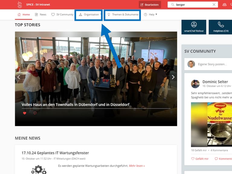 Website-Ansicht mit Gruppenfoto und Suchleiste.",