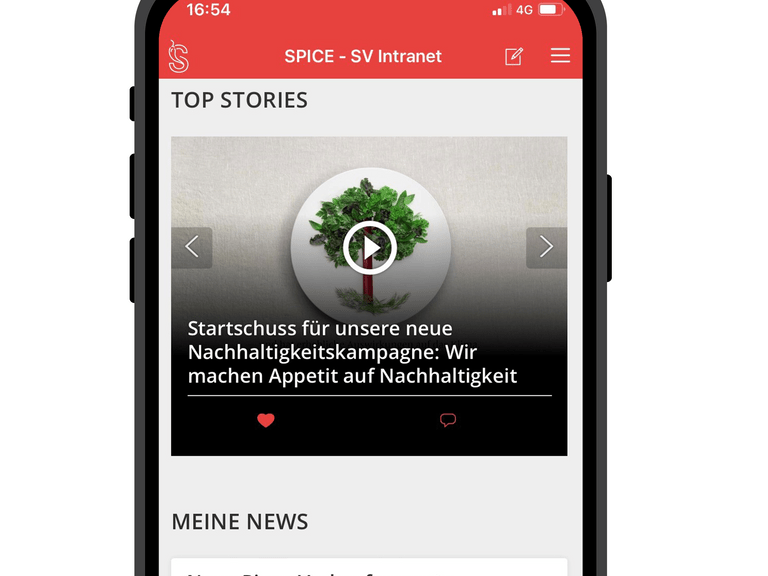 Smartphone zeigt SPICE Intranet mit Nachrichten und Top Stories.",