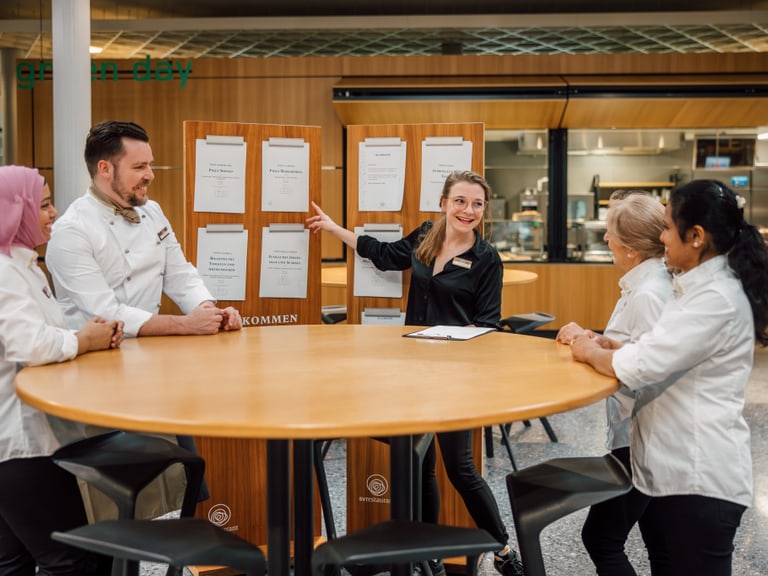 Teammeeting mit Chef und Mitarbeitern in einer Restaurantküche.