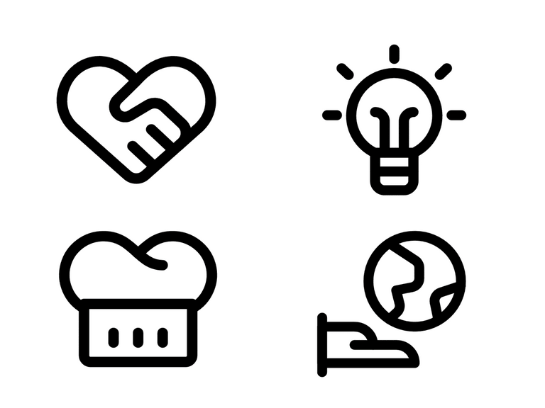 Symbole für Hand-in-Hand-Herz, Glühbirne, Kochmütze und mit einem Bett unter einer Weltkugel.