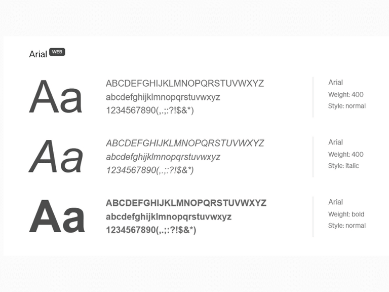 Arial-Schriftartbeispiele in normal, kursiv und fett.