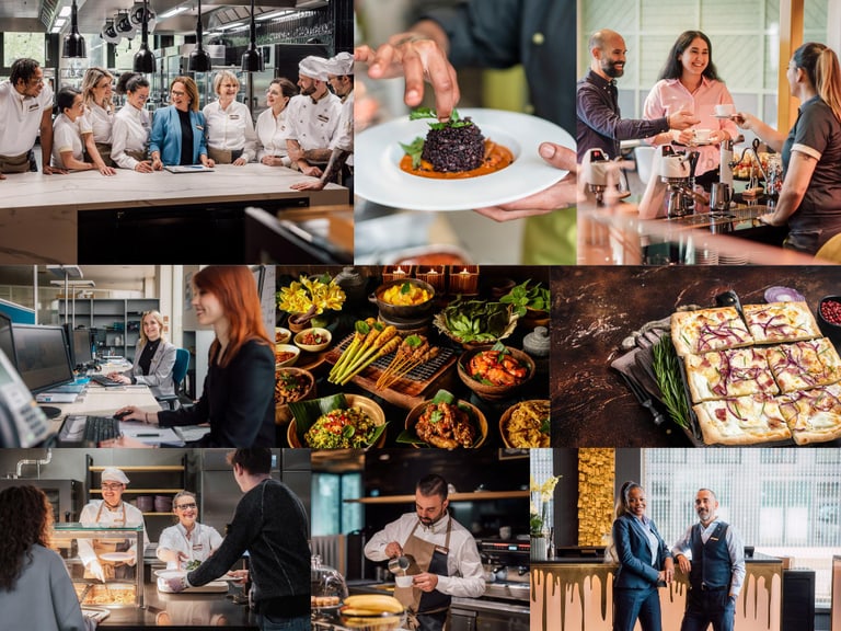 Collage von Menschen beim Kochen und Servieren in einer modernen Küche und Restaurantumgebung.