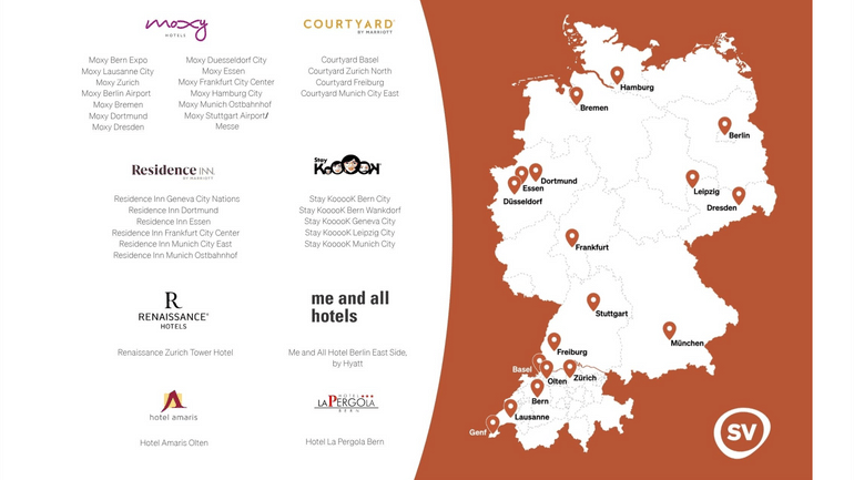 Karte von Deutschland mit Hotelstandorten und Logos links neben der Karte.