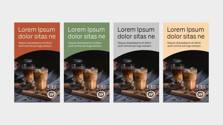 Vier Kaffeegetränke-Werbeanzeigen mit Text und Getränken auf Tabletts.