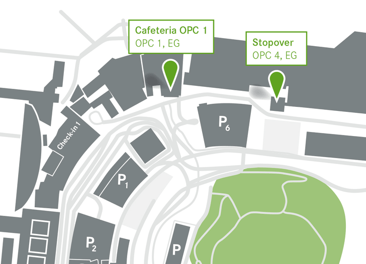 Karte der OPC1 und OPC4 mit Cafeteria- und Stopover-Standorten.